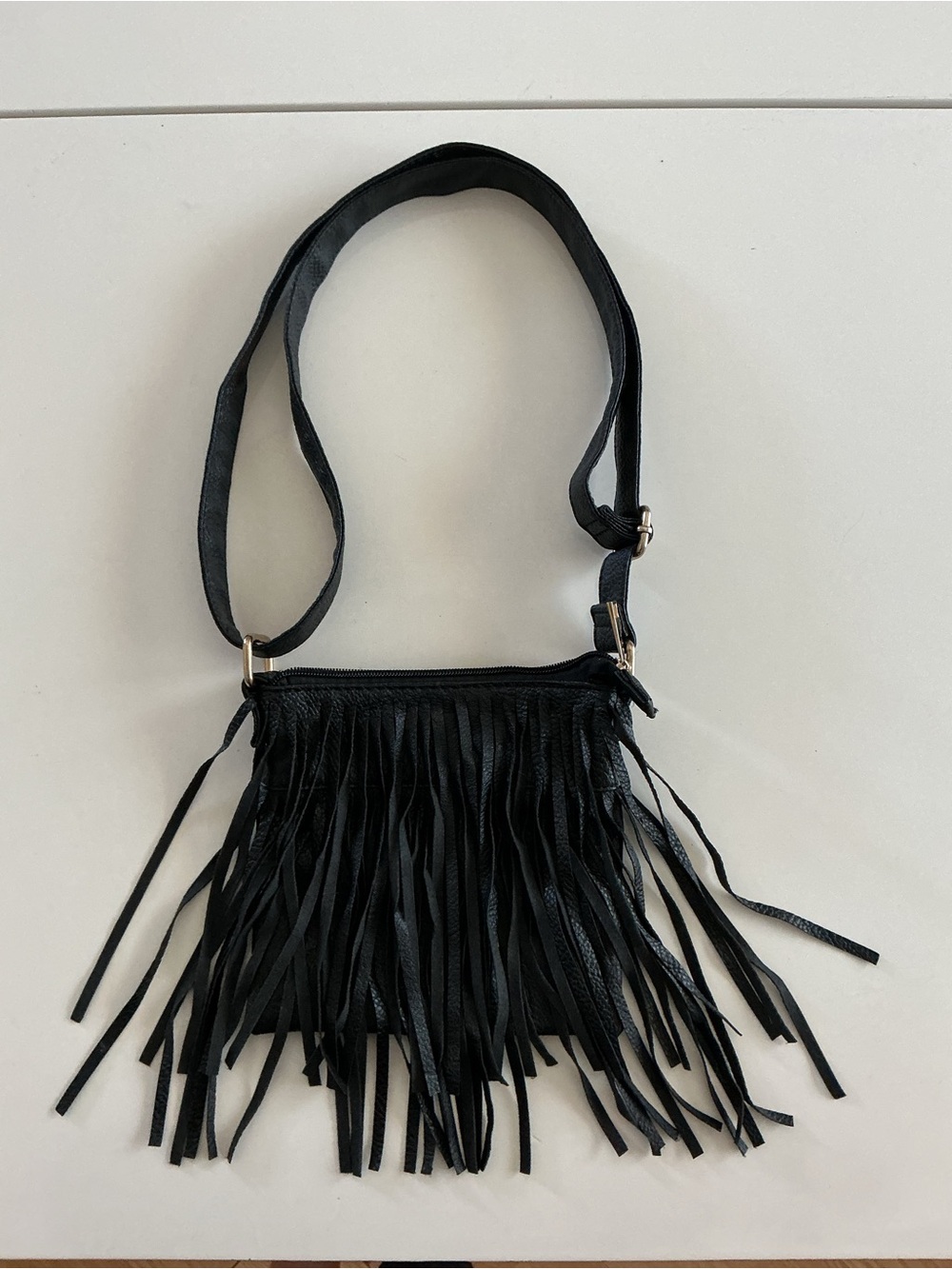 Black Polyurethane Fringe Crossbody Bag EUC Biker Casual Southwestern Festival